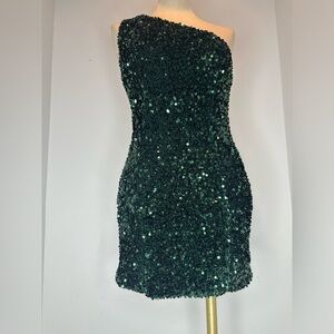 Glamorous Emerald Sequin One-Shoulder Dress